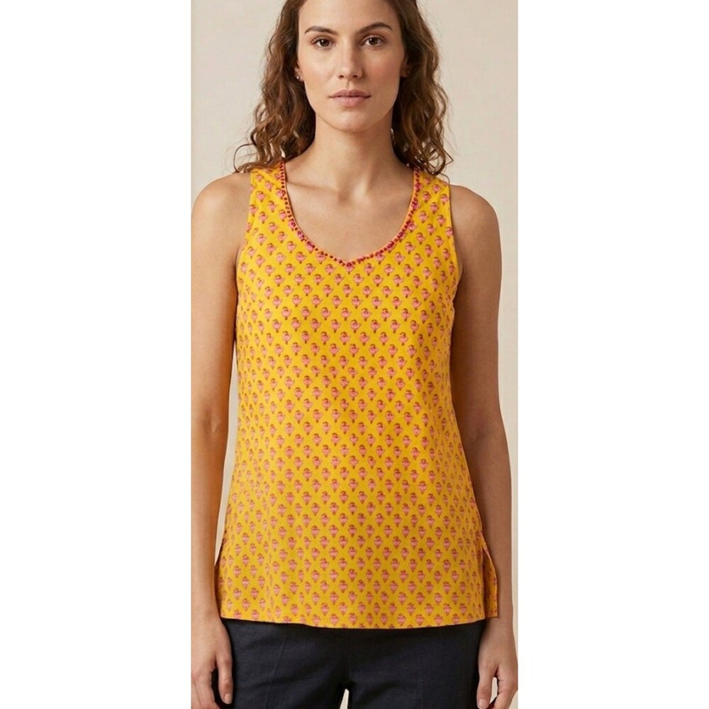ANOUK Women's Sleeveless Top Yellow Pink Motif V-Neck Sequince Boho Chic Sz M